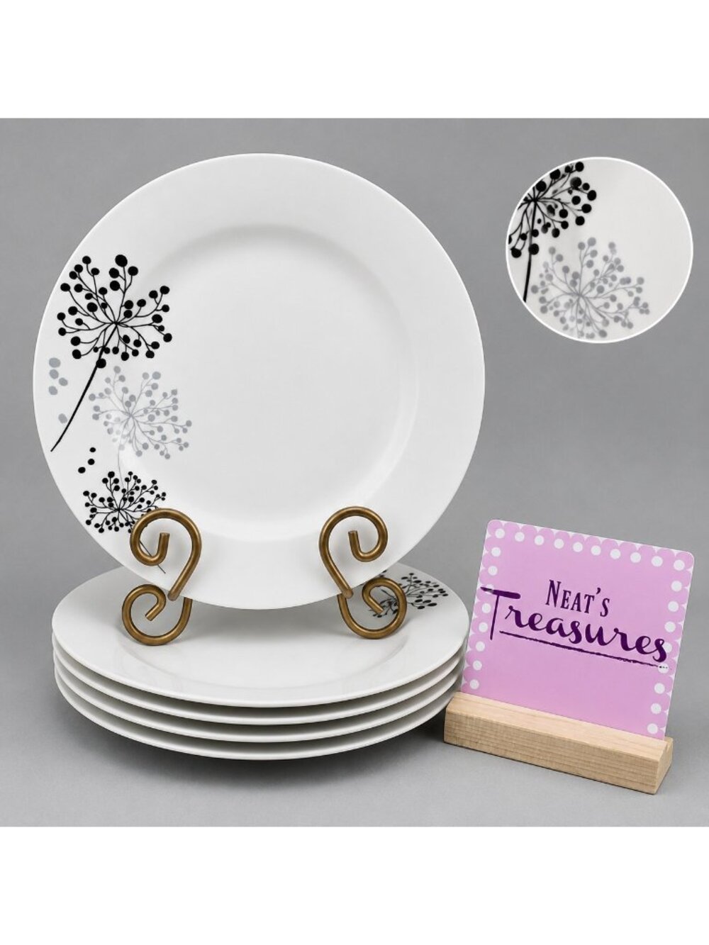 Gibson Designs NETHERWOOD Black Gray Floral Poreclain Dinner Lunch Plates Set 4